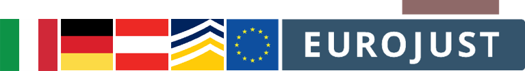 Flags of Italy, Germany and Austria. Logos of Europol and Eurojust